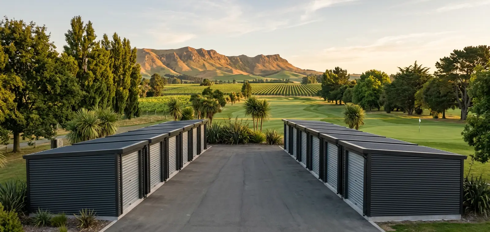Twelve cart storage units in two straight rows behind a clubhouse car park, each unit standing hard against the next, with an access lane between the rows