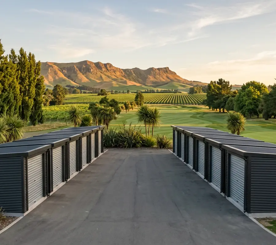 Twelve storage units in two straight rows behind a golf clubhouse car park, each unit standing hard against the next, fairway and hills beyond