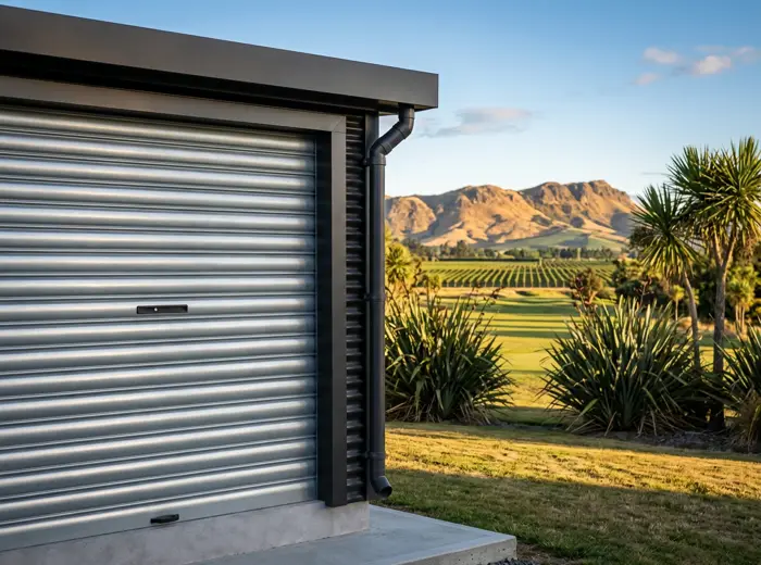 Close detail of the silver roller door, its keyed lock plate, the horizontal ribbed charcoal cladding and the corner downpipe