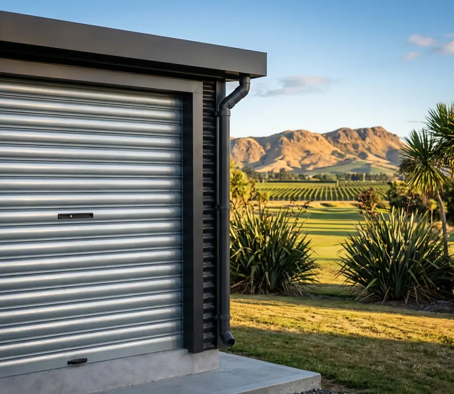 Close detail of the silver roller door, its keyed lock plate, the horizontal ribbed charcoal cladding and the corner downpipe, with a sunlit fairway beyond