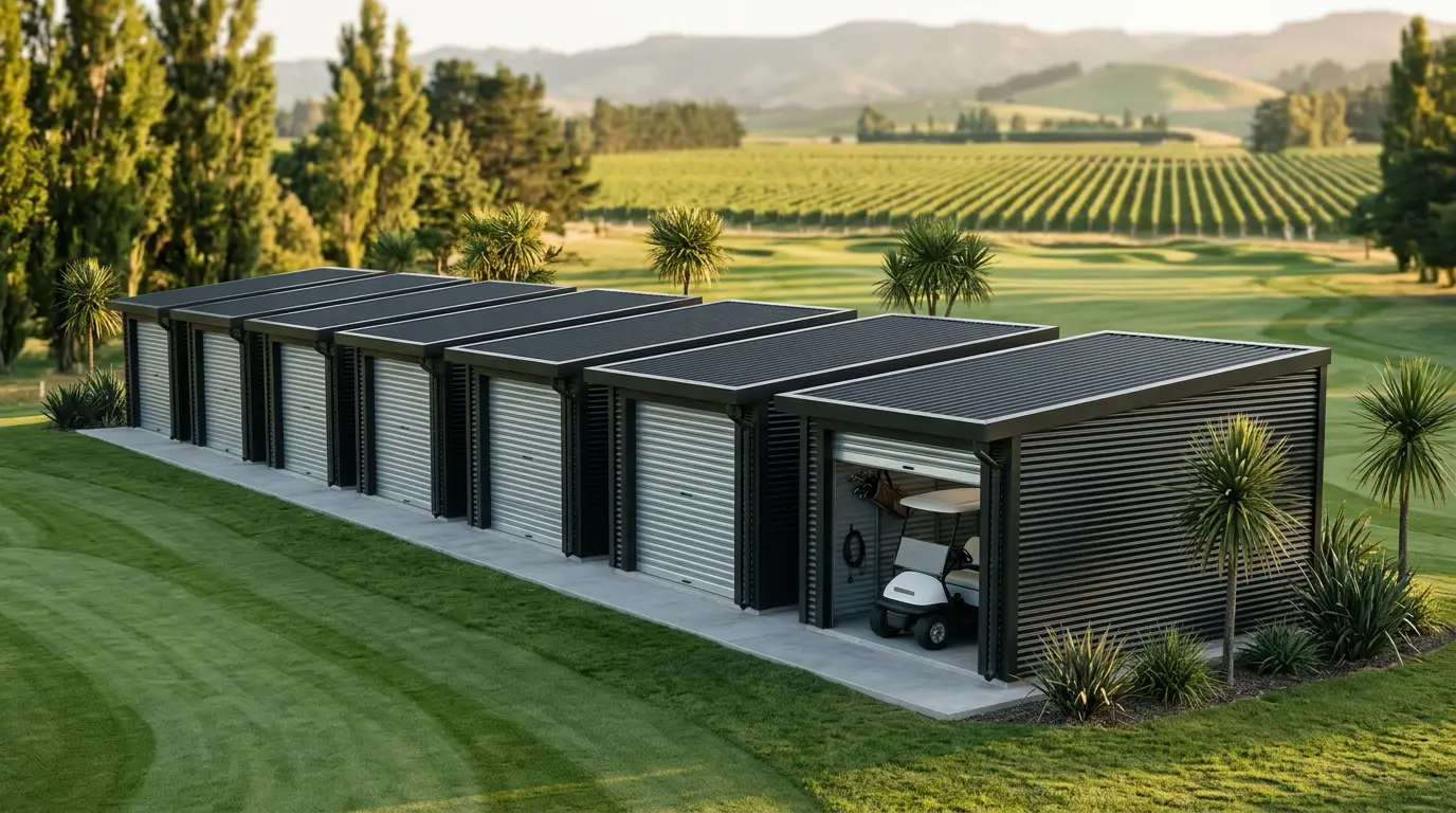 A straight row of eight charcoal cart storage units beside a fairway, each a separate unit stood hard against the next, silver roller doors along the front, one door up with a cart inside, every roof falling towards the front