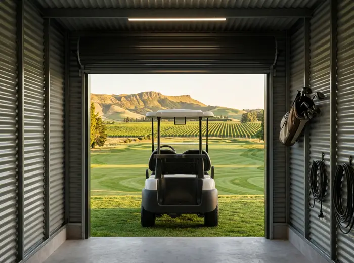 Inside a unit looking out through the open roller door to a fairway and vineyard rows, with a cart and a shelf for clubs