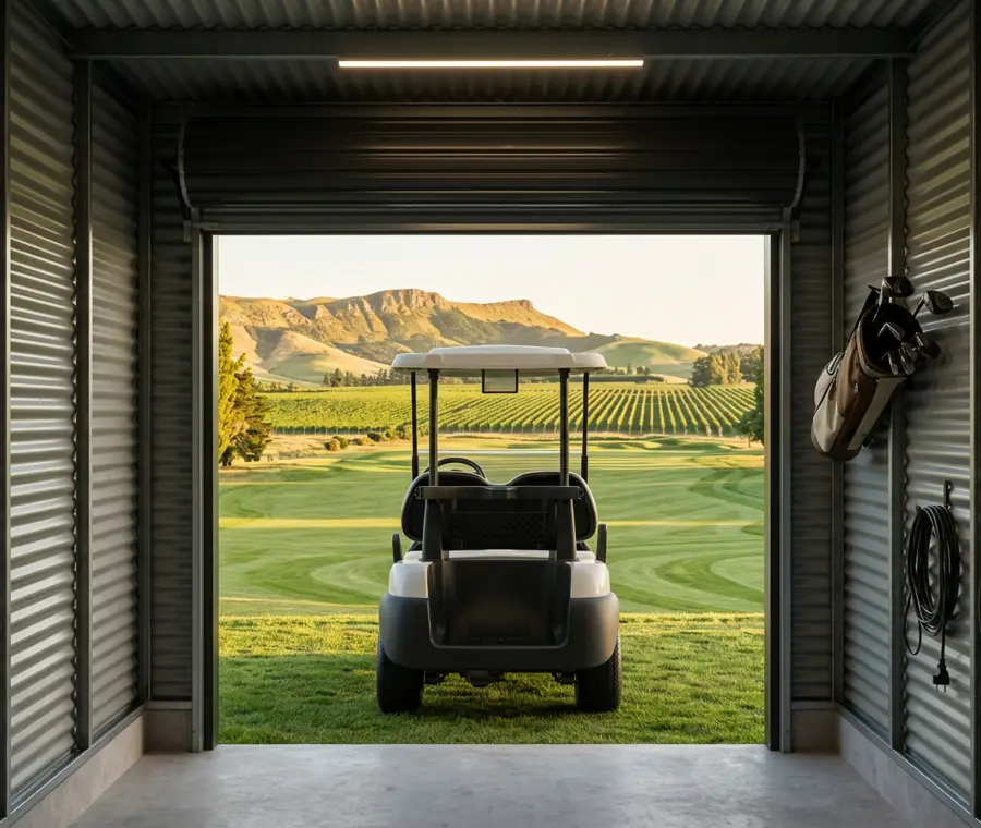 Inside a unit with a cart parked in the bay, clubs on the wall and the roller door open to a sunlit fairway