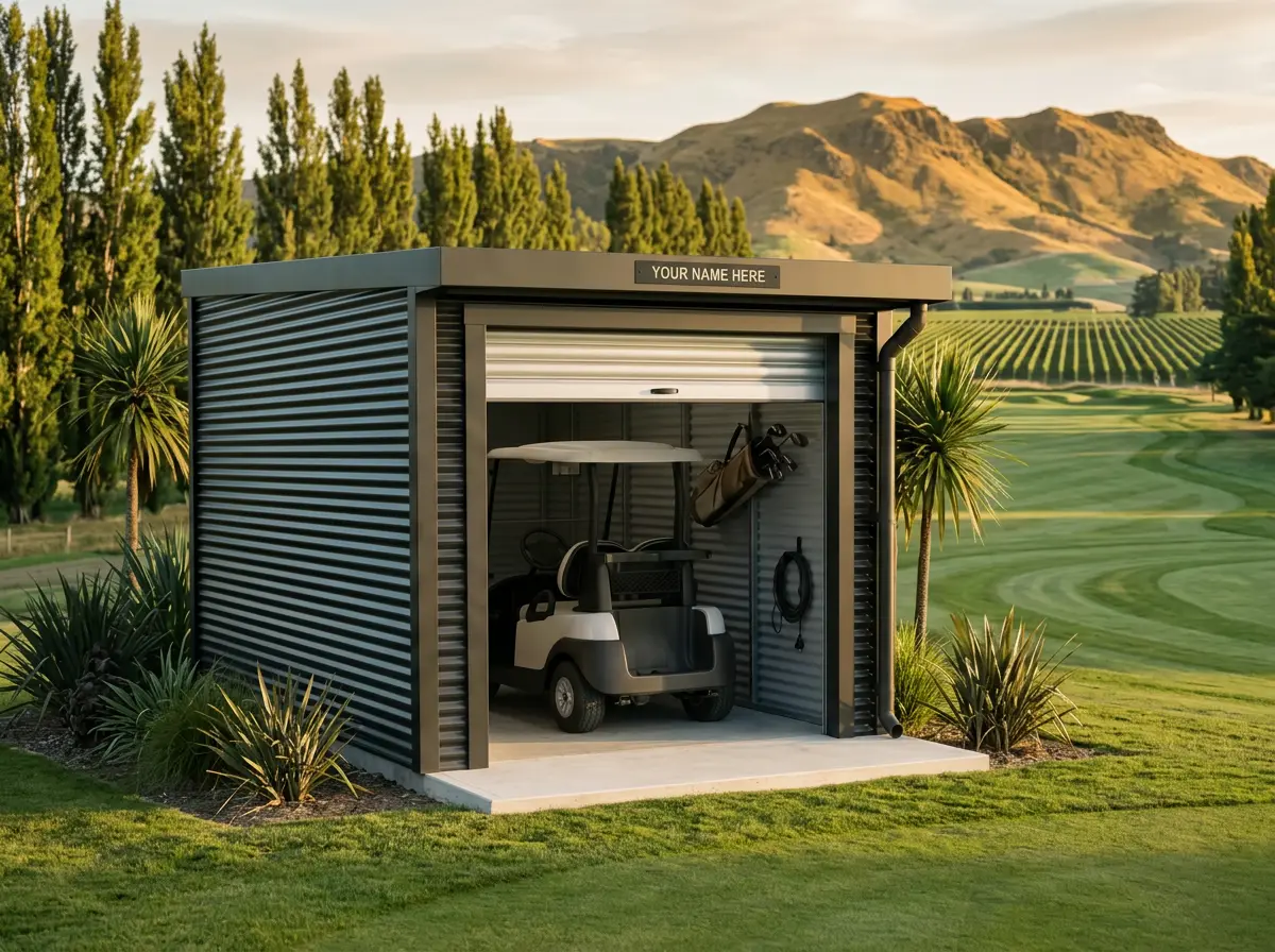 A single storage unit with the roller door rolled up and a golf cart parked inside, a name plate on the flashing above the door, the roof falling towards the front, fairway and vineyard rows behind