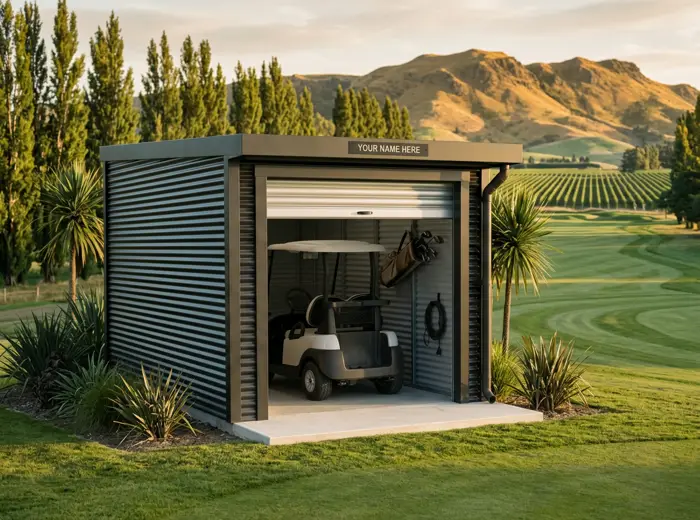A single unit from the outside with the roller door rolled up and a cart parked inside, fairway and hills behind
